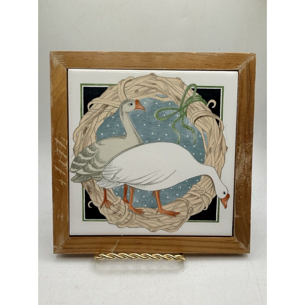 Vintage Geese In Wreath Vandor Pelzman Ceramic Tile Wood Trivet Hot Pad 1981